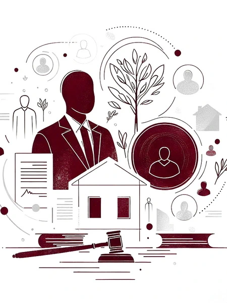 An abstract image representing Will and Estate services, with minimal people, light burgundy color, Probate Graphic